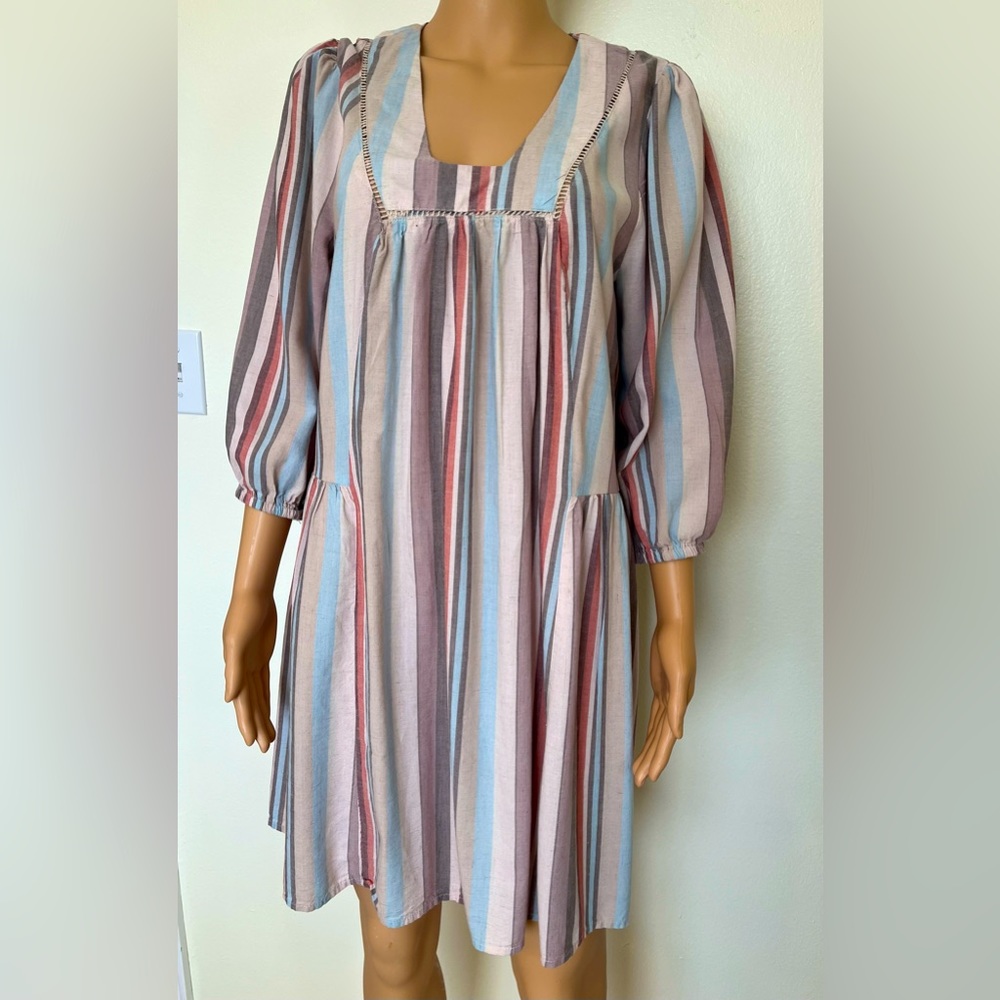 Knox Rose-Striped, Crochet Trim, Linen, Boho, Western, Baby Doll, Dress. Size-M - Picture 3 of 8